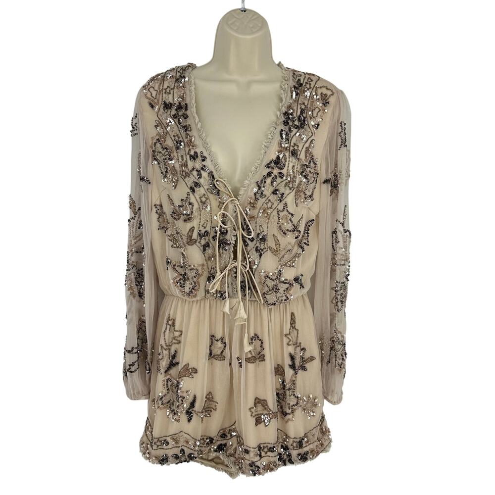 Ranna Gill Womens Beaded Romper Size 6 Coachella Festival Boho Champagne Cream - Picture 3 of 16